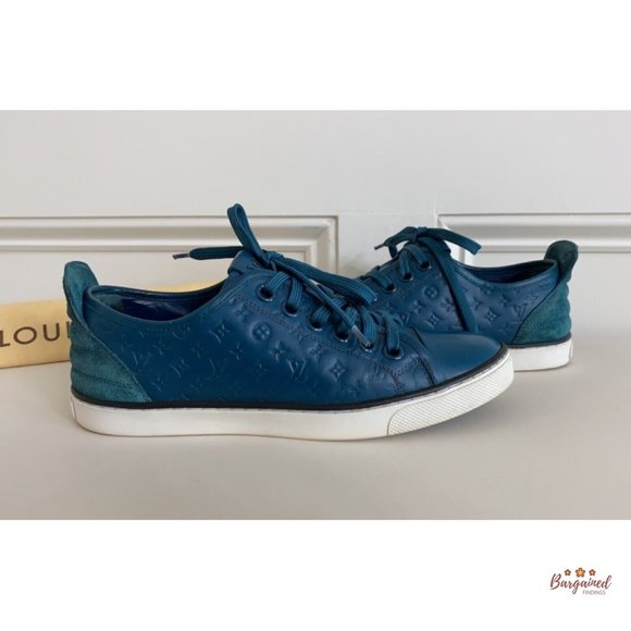 Auth Louis Vuitton Green Monogram Embossed Leather Nubuck Low Top Sneakers 36/6 - Picture 3 of 15